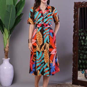 Women's Leaf Print Button-Down Cotton Midi Dress (Copy)