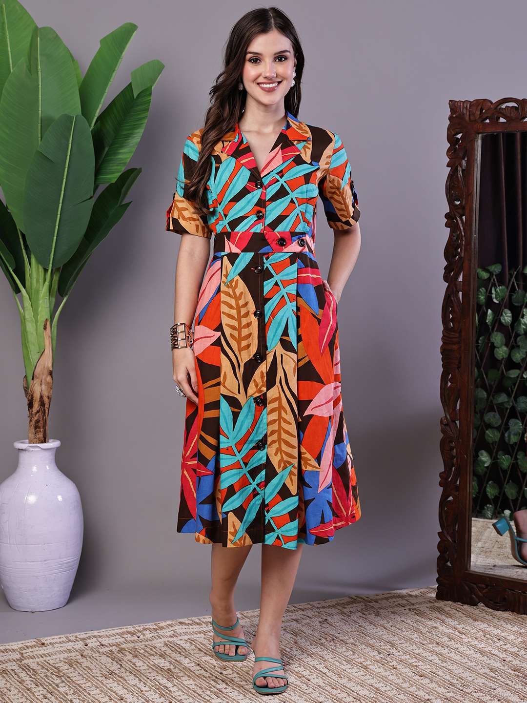 Women's Leaf Print Button-Down Cotton Midi Dress (Copy)