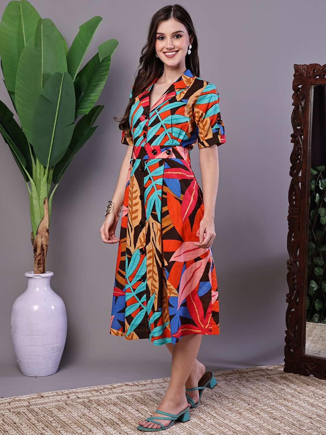 Women's Leaf Print Button-Down Cotton Midi Dress (Copy) - Image 3