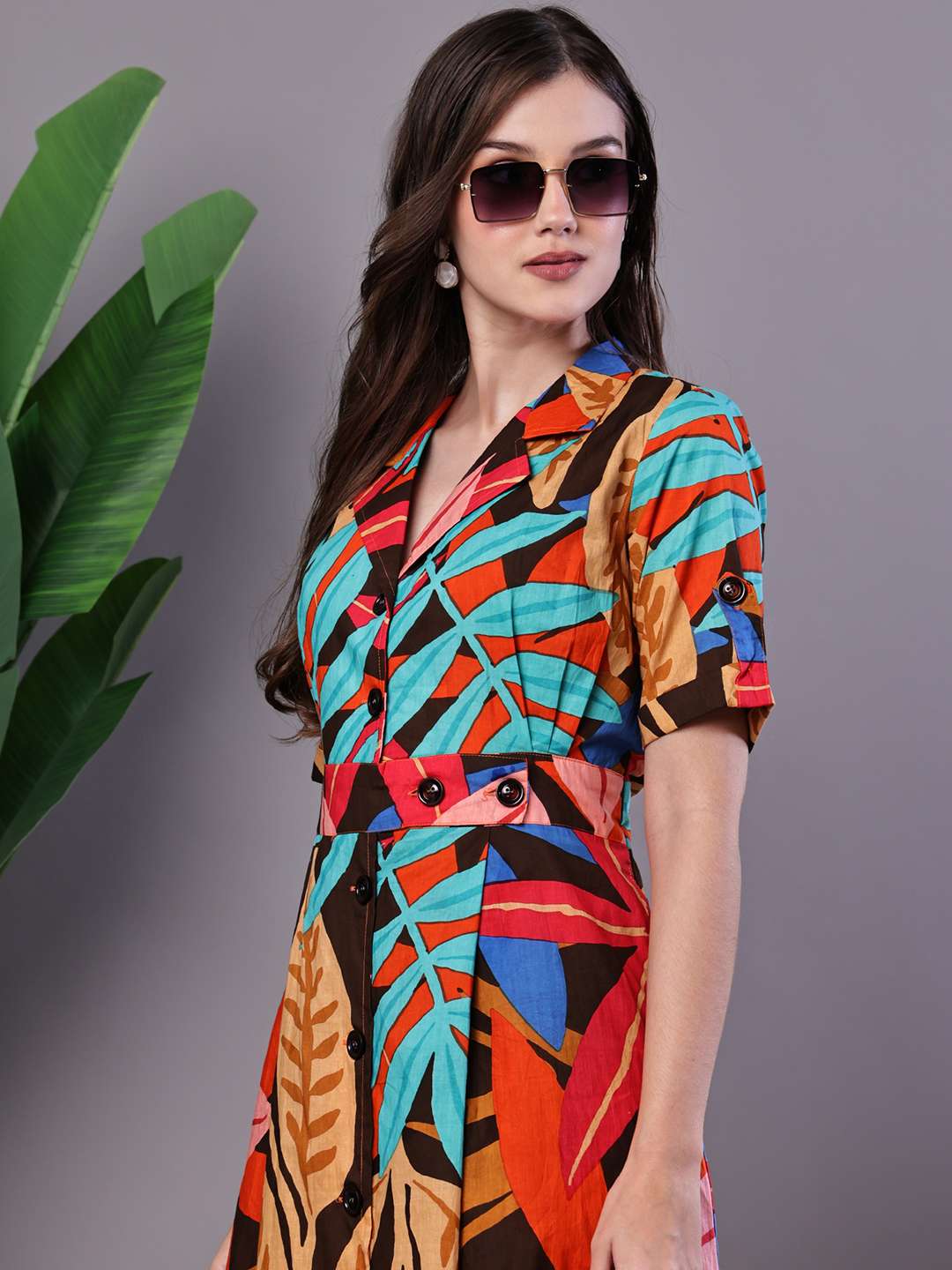 Women's Leaf Print Button-Down Cotton Midi Dress (Copy) - Image 4