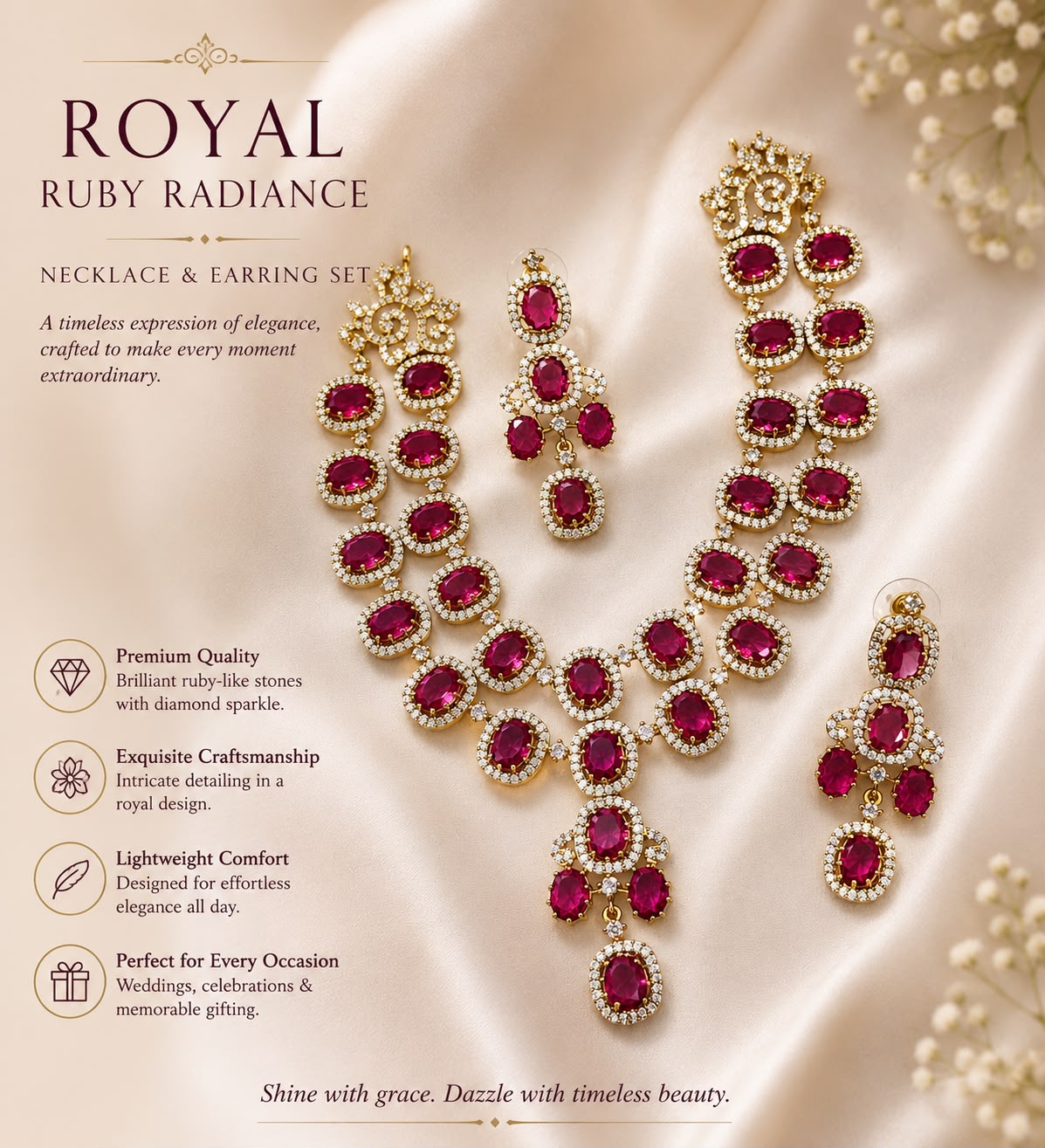 Premium Ruby Stone Necklace & Earrings Set 🌹 Enhance your style with this gorgeous handcrafted necklace set featuring radiant ruby-colored stones and sparkling crystal embellishments. Its royal design and luxurious finish make it a perfect choice for brides, wedding guests, festive celebrations, and special occasions. ✔️ Elegant Statement Piece ✔️ High-Quality Craftsmanship ✔️ Comfortable to Wear ✔️ Beautiful Gift Option ✔️ Suitable for All Traditional Outfits Wear elegance. Wear confidence. Wear royalt